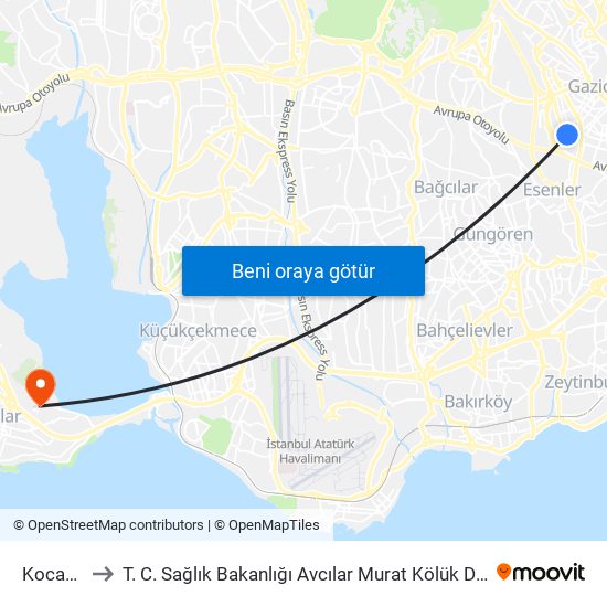 Kocatepe to T. C. Sağlık Bakanlığı Avcılar Murat Kölük Devlet Hastanesi map