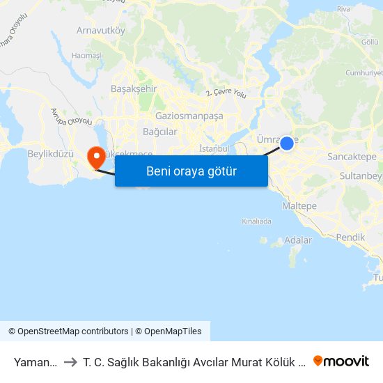 Yamanevler to T. C. Sağlık Bakanlığı Avcılar Murat Kölük Devlet Hastanesi map