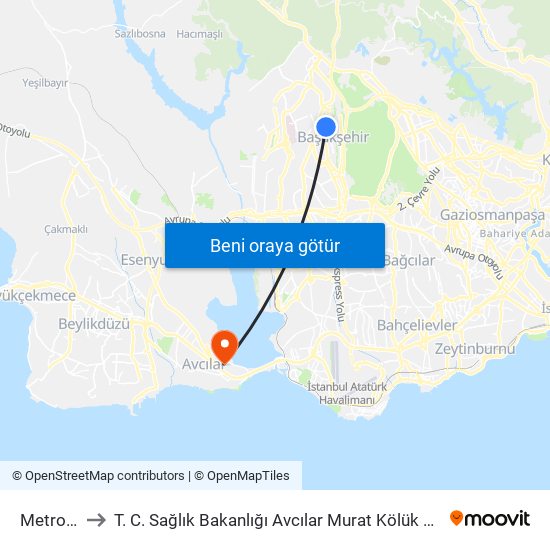 Metrokent to T. C. Sağlık Bakanlığı Avcılar Murat Kölük Devlet Hastanesi map