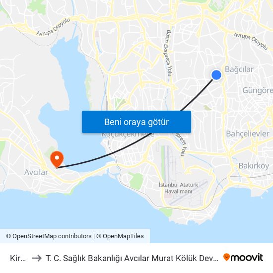 Kirazlı to T. C. Sağlık Bakanlığı Avcılar Murat Kölük Devlet Hastanesi map