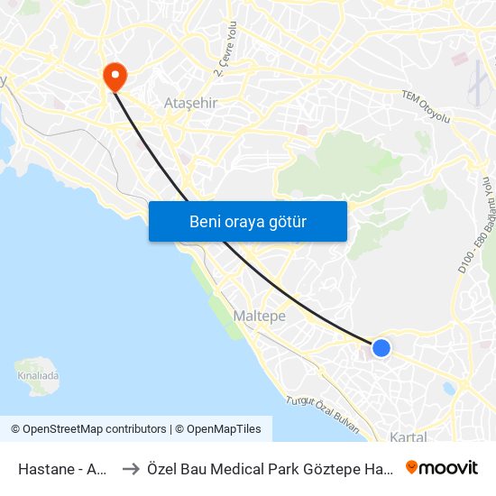 Hastane - Adliye to Özel Bau Medical Park Göztepe Hastanesi map