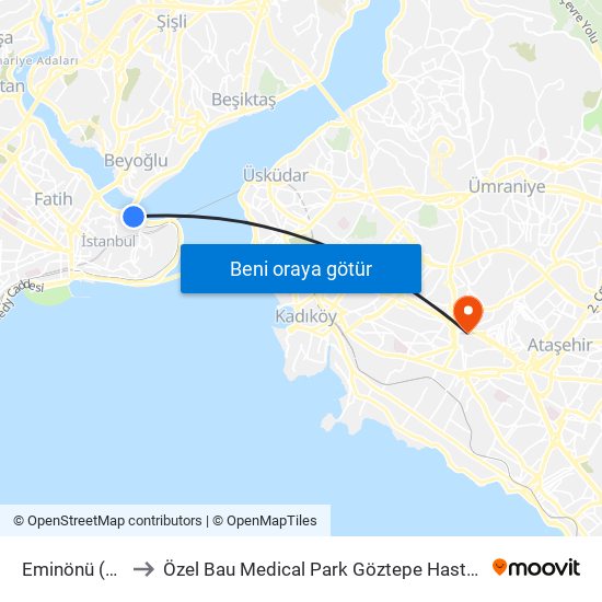 Eminönü (T1) to Özel Bau Medical Park Göztepe Hastanesi map