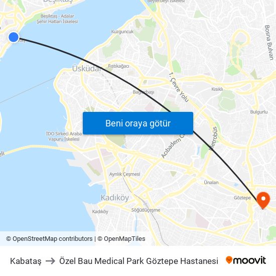 Kabataş to Özel Bau Medical Park Göztepe Hastanesi map