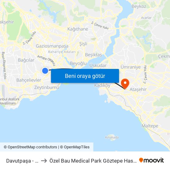 Davutpaşa - Ytü to Özel Bau Medical Park Göztepe Hastanesi map