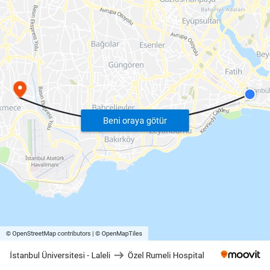 İstanbul Üniversitesi - Laleli to Özel Rumeli Hospital map
