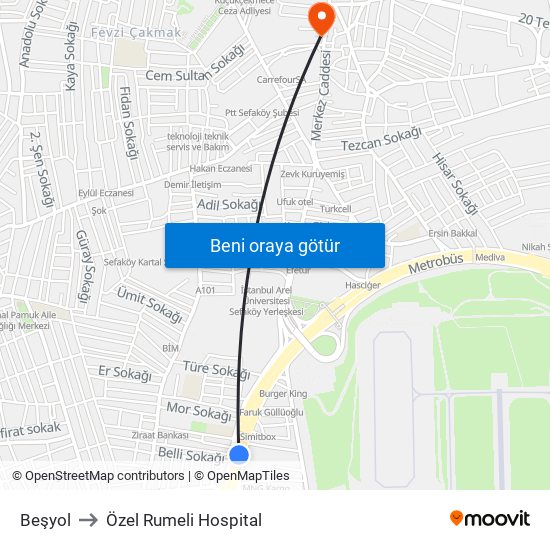 Beşyol to Özel Rumeli Hospital map