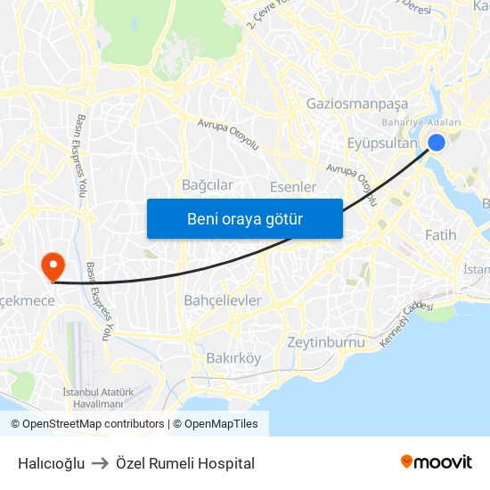Halıcıoğlu to Özel Rumeli Hospital map