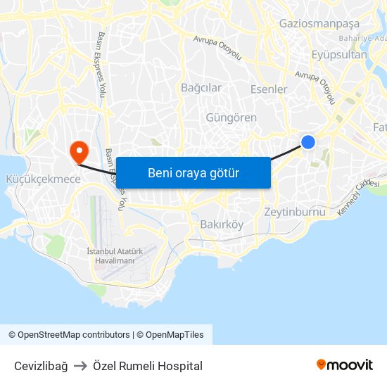Cevizlibağ to Özel Rumeli Hospital map