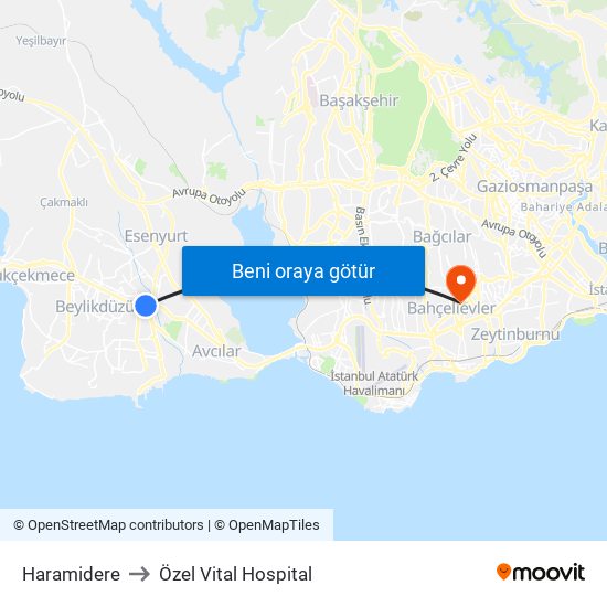 Haramidere to Özel Vital Hospital map