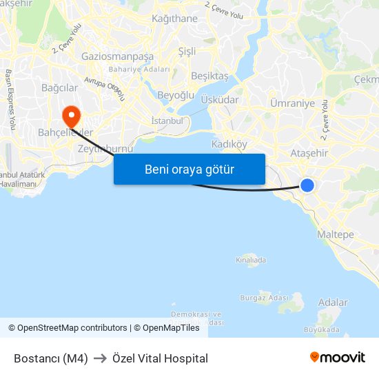 Bostancı (M4) to Özel Vital Hospital map