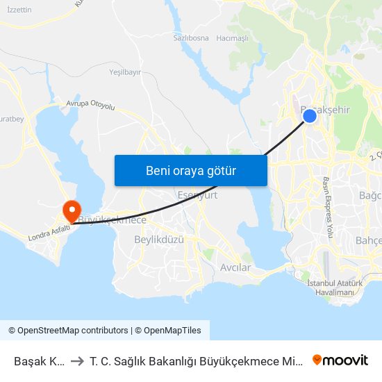 Başak Konutları to T. C. Sağlık Bakanlığı Büyükçekmece Mimar Sinan Devlet Hastanesi map