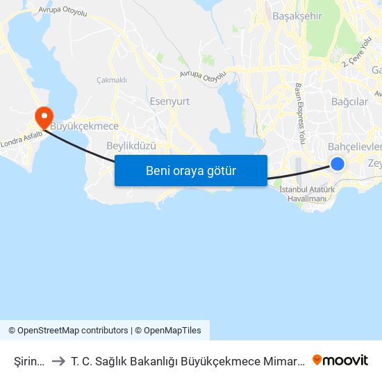 Şirinevler to T. C. Sağlık Bakanlığı Büyükçekmece Mimar Sinan Devlet Hastanesi map