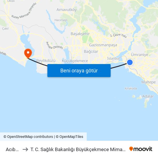 Acıbadem to T. C. Sağlık Bakanlığı Büyükçekmece Mimar Sinan Devlet Hastanesi map