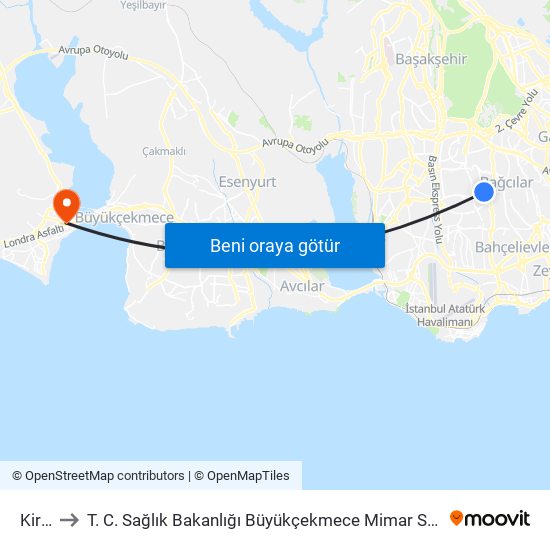 Kirazlı to T. C. Sağlık Bakanlığı Büyükçekmece Mimar Sinan Devlet Hastanesi map