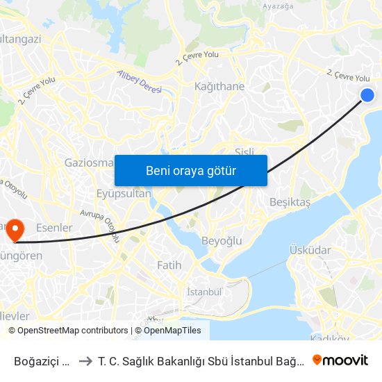 Boğaziçi Üniversitesi to T. C. Sağlık Bakanlığı Sbü İstanbul Bağcılar Eğitim ve Araştırma Hastanesi map