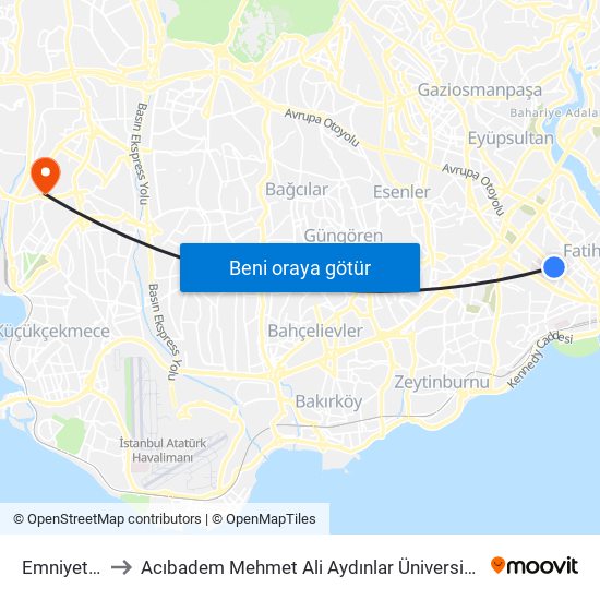 Emniyet - Fatih to Acıbadem Mehmet Ali Aydınlar Üniversitesi Atakent Hastanesi map