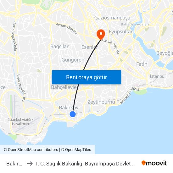 Bakırköy to T. C. Sağlık Bakanlığı Bayrampaşa Devlet Hastanesi map