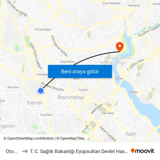 Otogar to T. C. Sağlık Bakanlığı Eyüpsultan Devlet Hastanesi map