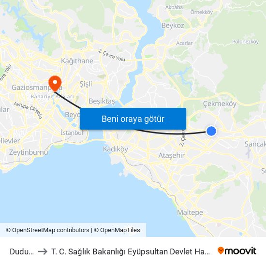 Dudullu to T. C. Sağlık Bakanlığı Eyüpsultan Devlet Hastanesi map
