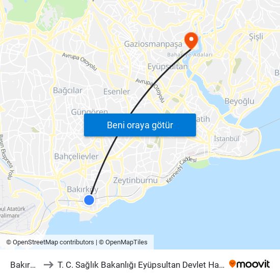 Bakırköy to T. C. Sağlık Bakanlığı Eyüpsultan Devlet Hastanesi map