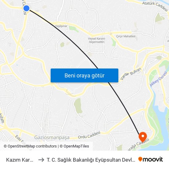 Kazım Karabekir to T. C. Sağlık Bakanlığı Eyüpsultan Devlet Hastanesi map