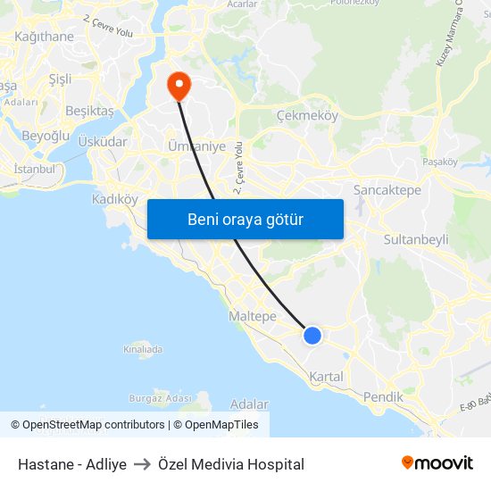 Hastane - Adliye to Özel Medivia Hospital map