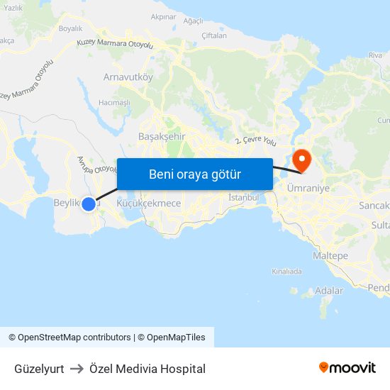 Güzelyurt to Özel Medivia Hospital map