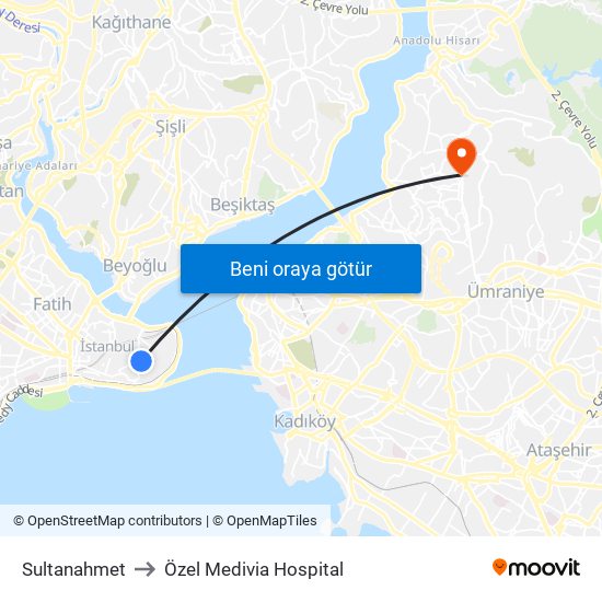 Sultanahmet to Özel Medivia Hospital map