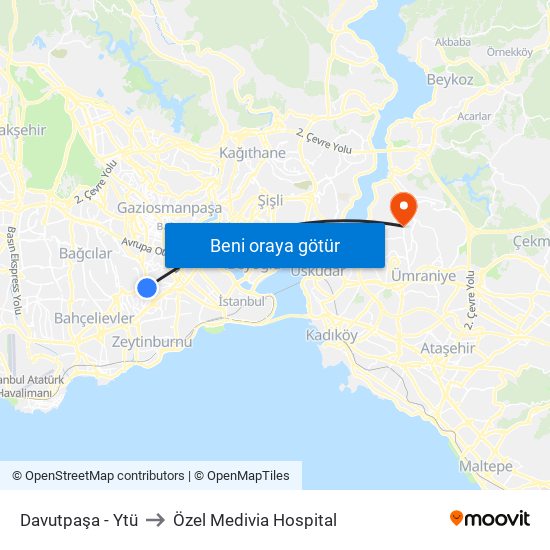 Davutpaşa - Ytü to Özel Medivia Hospital map