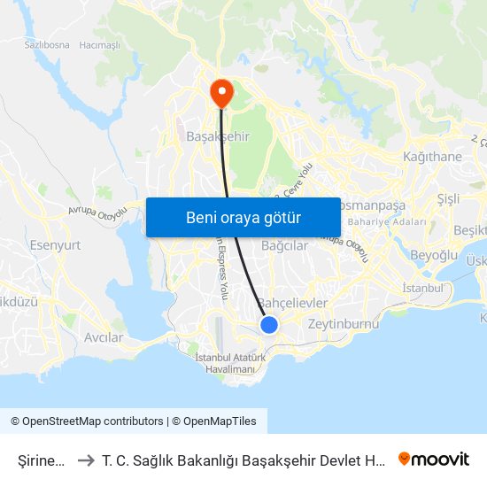 Şirinevler to T. C. Sağlık Bakanlığı Başakşehir Devlet Hastanesi map