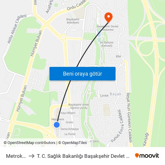 Metrokent to T. C. Sağlık Bakanlığı Başakşehir Devlet Hastanesi map