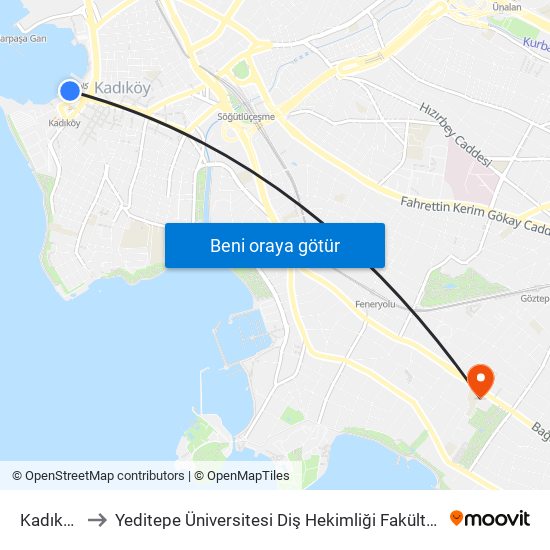 Kadıköy to Yeditepe Üniversitesi Diş Hekimliği Fakültesi map