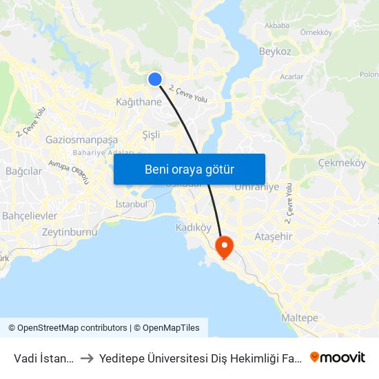 Vadi İstanbul to Yeditepe Üniversitesi Diş Hekimliği Fakültesi map