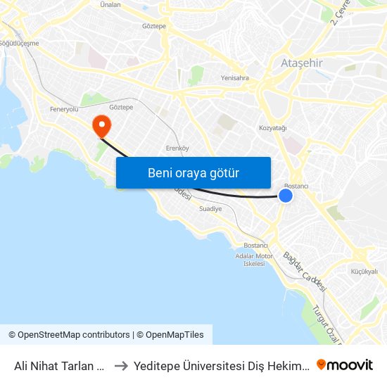 Ali Nihat Tarlan Caddesi to Yeditepe Üniversitesi Diş Hekimliği Fakültesi map