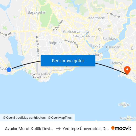 Avcılar Murat Kölük Devlet Hast. / Avcılar Yönü to Yeditepe Üniversitesi Diş Hekimliği Fakültesi map