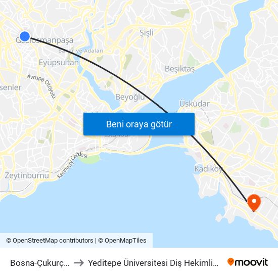 Bosna-Çukurçeşme to Yeditepe Üniversitesi Diş Hekimliği Fakültesi map