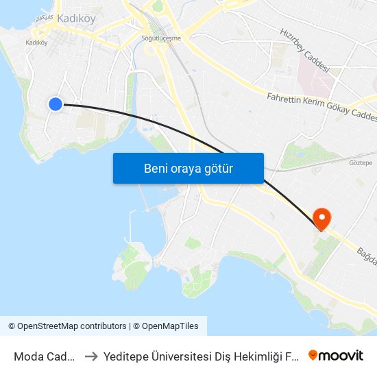 Moda Caddesi to Yeditepe Üniversitesi Diş Hekimliği Fakültesi map