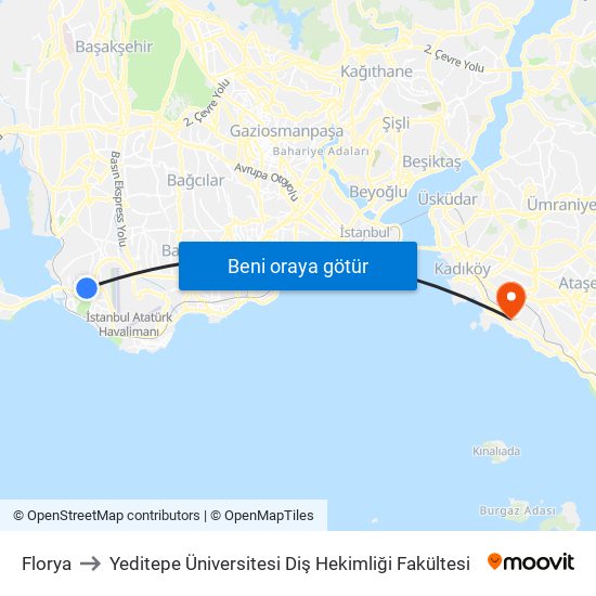 Florya to Yeditepe Üniversitesi Diş Hekimliği Fakültesi map