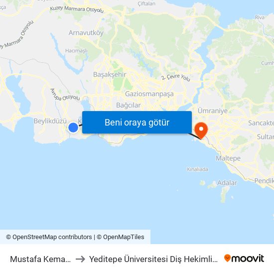 Mustafa Kemal Paşa to Yeditepe Üniversitesi Diş Hekimliği Fakültesi map