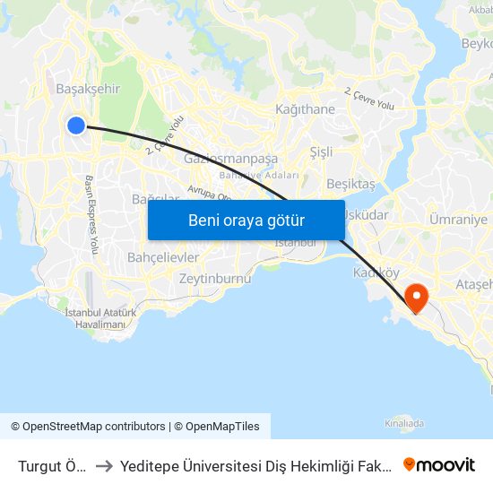 Turgut Özal to Yeditepe Üniversitesi Diş Hekimliği Fakültesi map