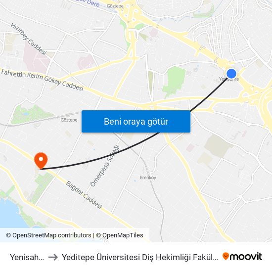 Yenisahra to Yeditepe Üniversitesi Diş Hekimliği Fakültesi map