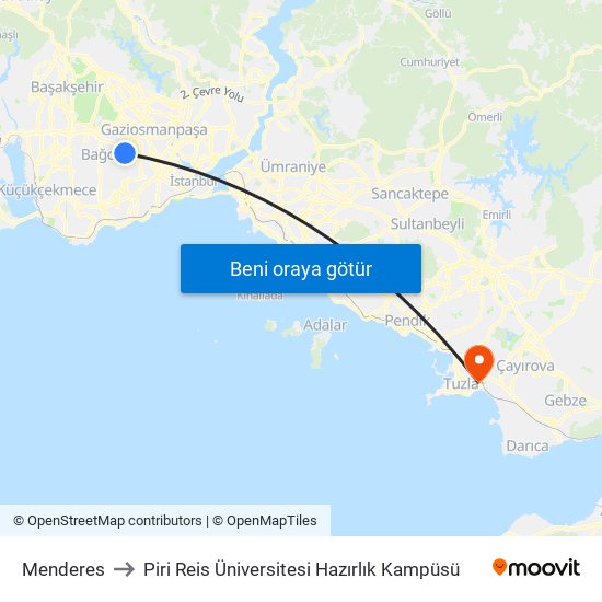 Menderes to Piri Reis Üniversitesi Hazırlık Kampüsü map