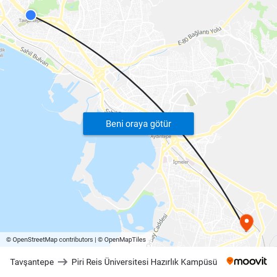 Tavşantepe to Piri Reis Üniversitesi Hazırlık Kampüsü map