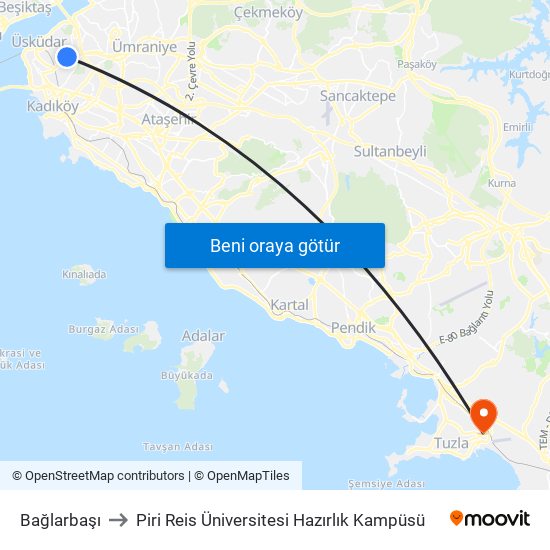 Bağlarbaşı to Piri Reis Üniversitesi Hazırlık Kampüsü map