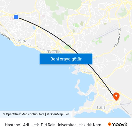 Hastane - Adliye to Piri Reis Üniversitesi Hazırlık Kampüsü map