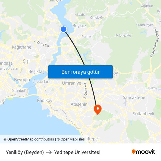 Yeniköy (Beyden) to Yeditepe Üniversitesi map
