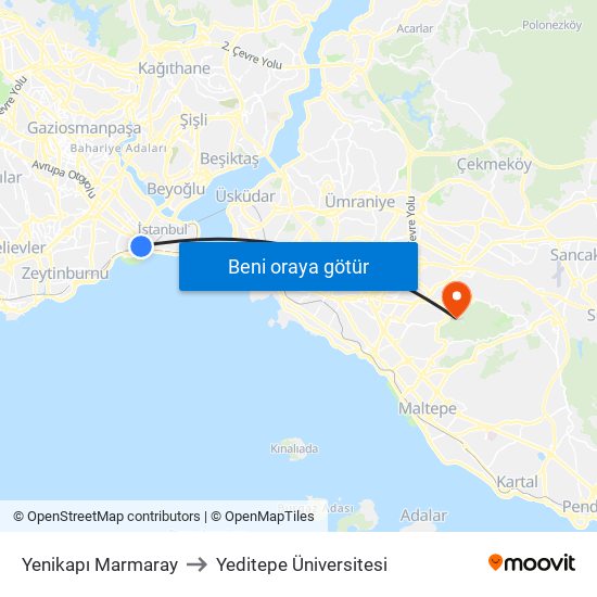Yenikapı Marmaray to Yeditepe Üniversitesi map