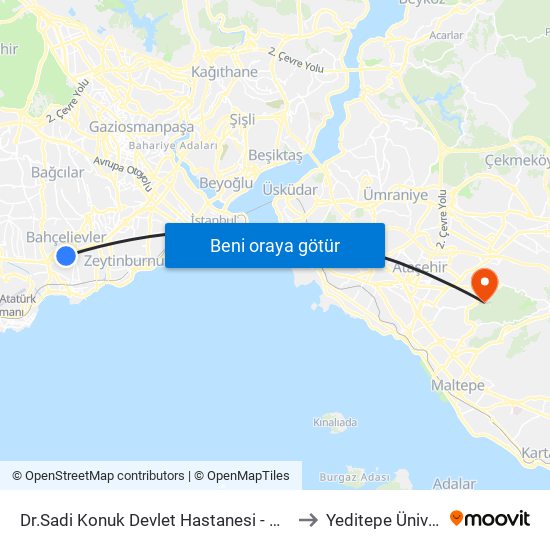 Dr.Sadi Konuk Devlet Hastanesi - Cevizlibag Yönü to Yeditepe Üniversitesi map