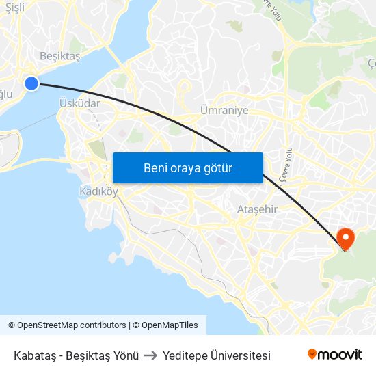 Kabataş - Beşiktaş Yönü to Yeditepe Üniversitesi map