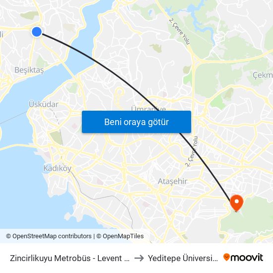 Zincirlikuyu Metrobüs - Levent Yönü to Yeditepe Üniversitesi map